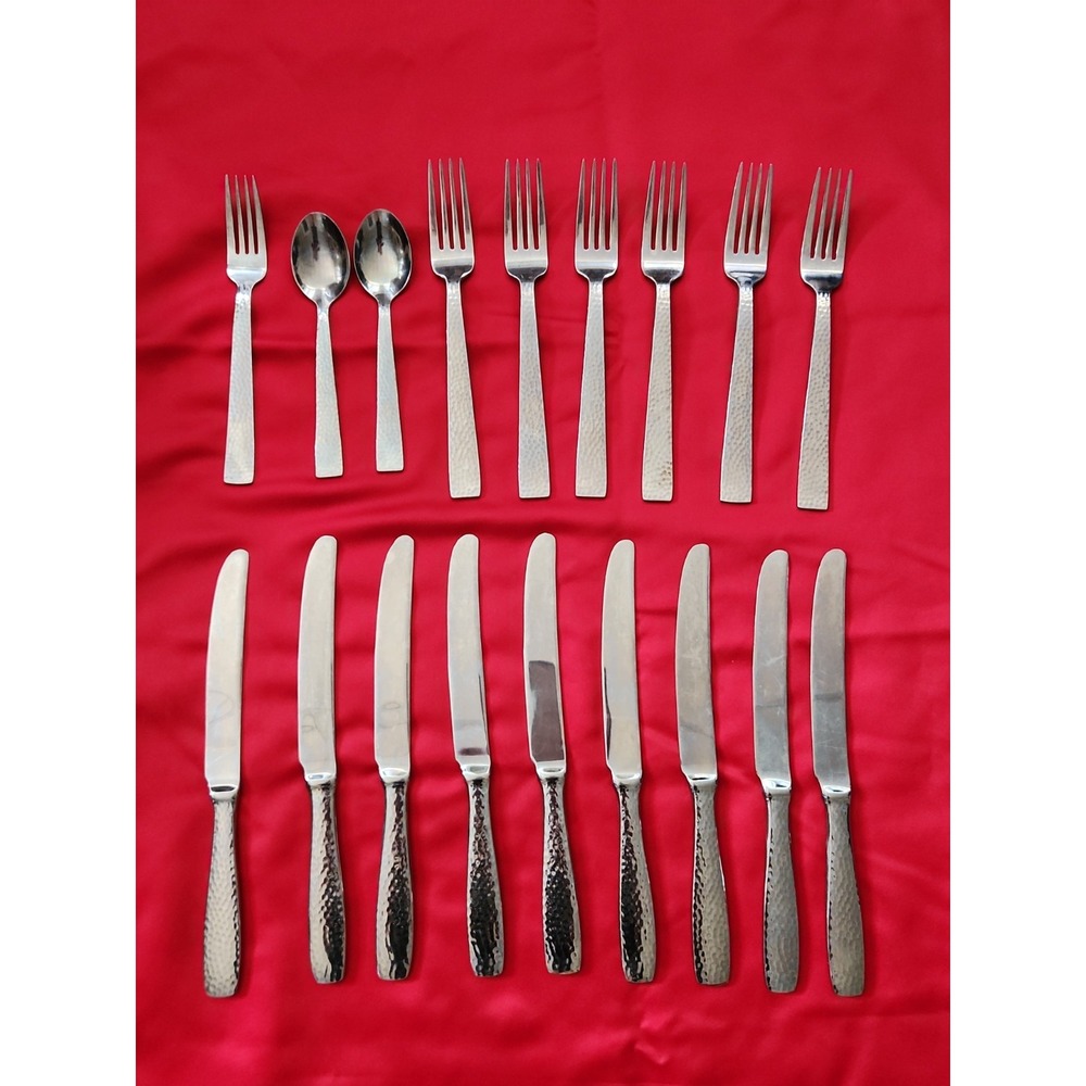 Lot Godinger Castello Hammered Stainless Flatware Forks, Spoons, Knives-18 piece